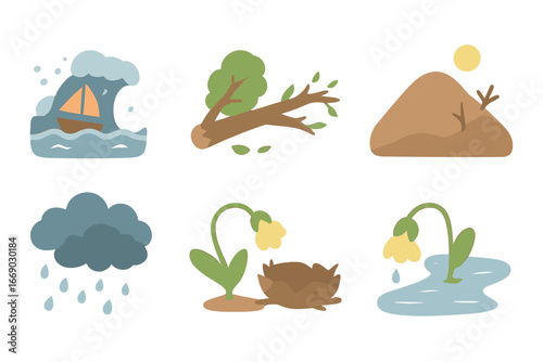 Nature's Adversities Illustrated. Flat vector mini-illustrations helplessness nature scenes in colors children's illustrations: