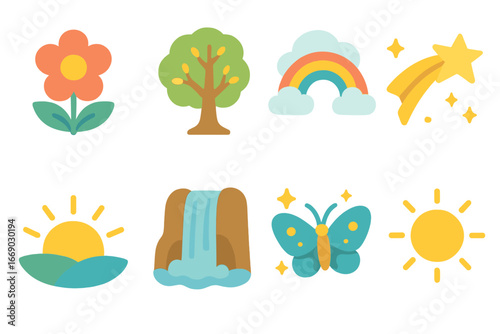 Nature's Colorful Miracles. Flat vector mini-illustrations Nature’s miracles in colors children's illustrations: blooming flower,