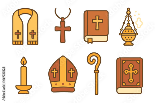 Orthodox Clergy Icons. Flat vector mini-illustrations Orthodox clergy items in colors children's illustrations: epitrachelion,