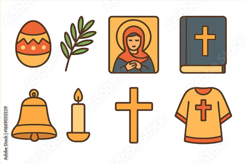 Orthodox Feast Day Icons. Flat vector mini-illustrations orthodox feast days in colors children's illustrations: Pascha egg, palm