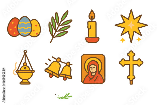 Orthodox Festival Icons. Flat vector mini-illustrations orthodox festivals in colors children's illustrations: Pascha eggs, palm