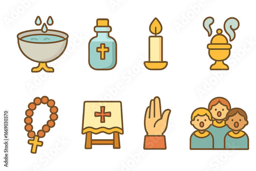 Orthodox Rituals Icons. Flat vector mini-illustrations orthodox rituals in colors children's illustrations: baptism font, holy