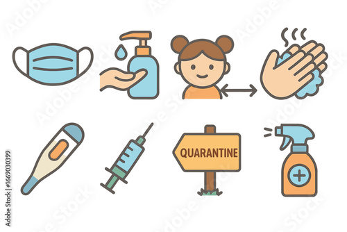 Pandemic Prevention Icons. Flat vector mini-illustrations pandemic prevention in colors children's illustrations: face mask, hand