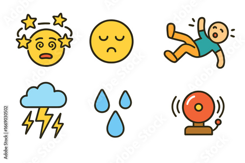 Playful Icon Grid. Flat vector mini-illustrations knock out in colors children's illustrations: stars circling head, dizzy face,