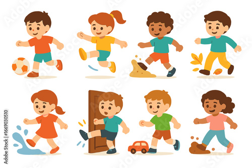 Playful Kicking Icons. Flat vector mini-illustrations playful kicks in colors children's illustrations: kicking ball, jump kick,