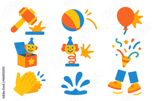 Playful Kids' Icons. Flat vector mini-illustrations playful impact in colors children's illustrations: toy hammer hit, ball bounce