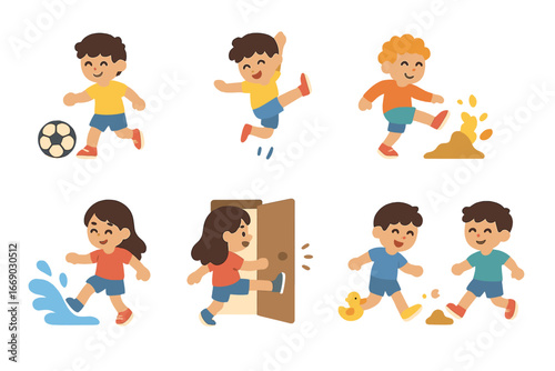 Playful Kicking Icons. Flat vector mini-illustrations playful kicks in colors children's illustrations: kicking ball, jump kick,