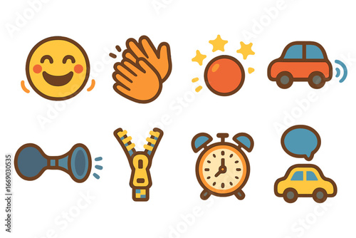 Playful Sound Icons. Flat vector mini-illustrations playful sounds in colors children's illustrations: giggle, clap, pop, beep,