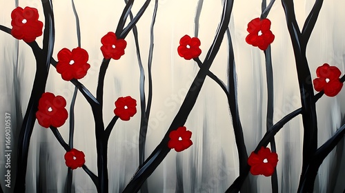 Abstract Red Flowers Black Branches Modern Art Painting