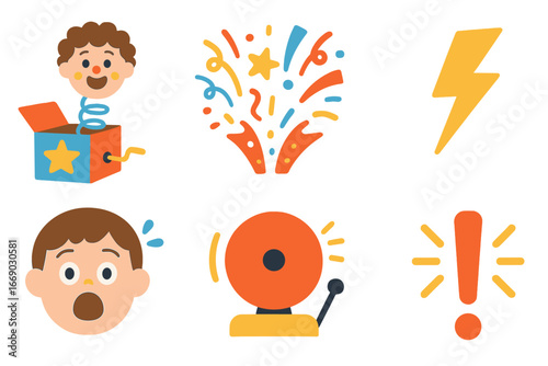 Playful Surprise Icons. Flat vector mini-illustrations sudden surprises in colors children's illustrations: popping