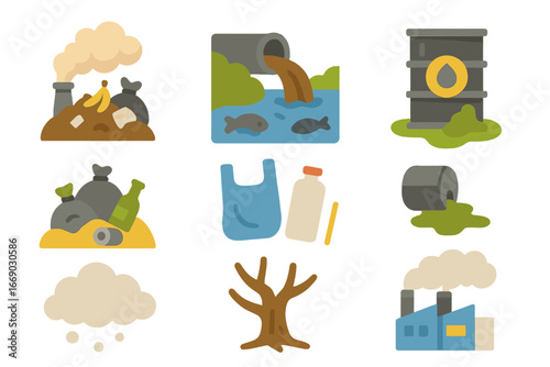 Pollution Icons Grid. Flat vector mini-illustrations environmental pollution in colors children's illustrations: landfill smoke,