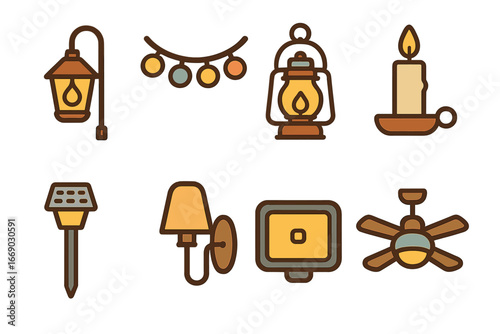 Porch Lighting Icons. Flat vector mini-illustrations porch lighting in colors children's illustrations: porch lamp, fairy lights,