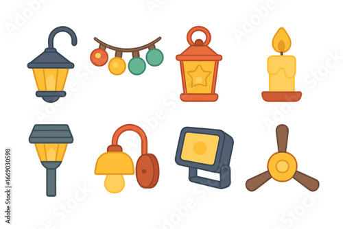 Porch Lighting Icons. Flat vector mini-illustrations porch lighting in colors children's illustrations: porch lamp, fairy lights,