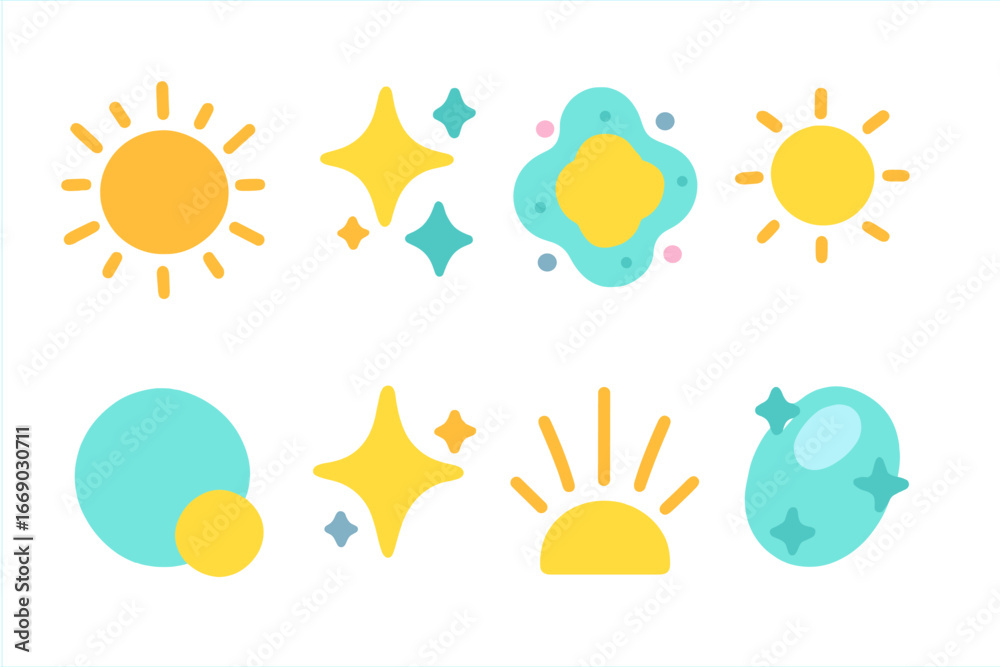 Radiant Icon Set. Flat vector mini-illustrations shine effects in colors children's illustrations: shine burst, sparkle effect, Radiant Icon Set. Flat vector mini-illustrations shine effects in colors children's illustrations: shine burst, sparkle effect,