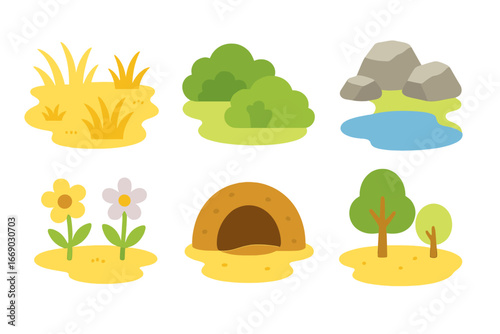 Quail Habitat Illustrations. Flat vector mini-illustrations quail habitat in colors children's illustrations: grassland, shrubbery