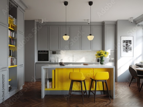 A modern kitchen boasts gra...
