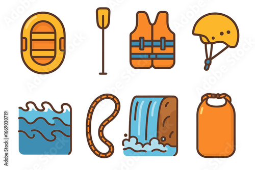 Rafting Adventure Icons. Flat vector mini-illustrations rafting in colors children's illustrations: inflatable raft, paddle, life