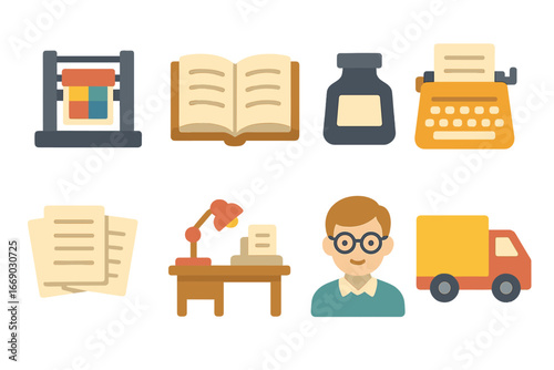 Publishing Tools Icons. Flat vector mini-illustrations publishing in colors children's illustrations: printing press, open book,