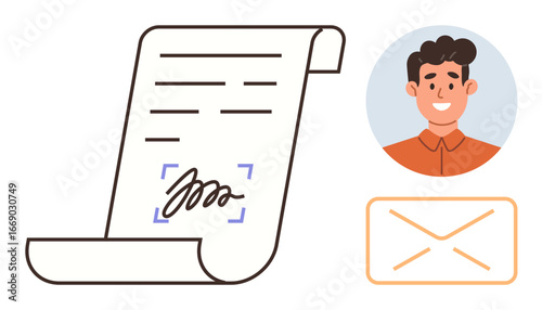 Contract with signature, smiling user portrait, and email envelope. Ideal for agreements, verification, communication, online transactions, user management, teamwork simple flat metaphor