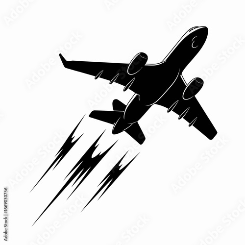Vector art of silhouette of a jet airplane taking off with exhaust trails