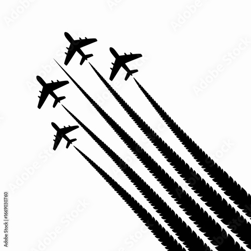 Vector art of silhouette of a formation of jet airplanes flying with motion trails