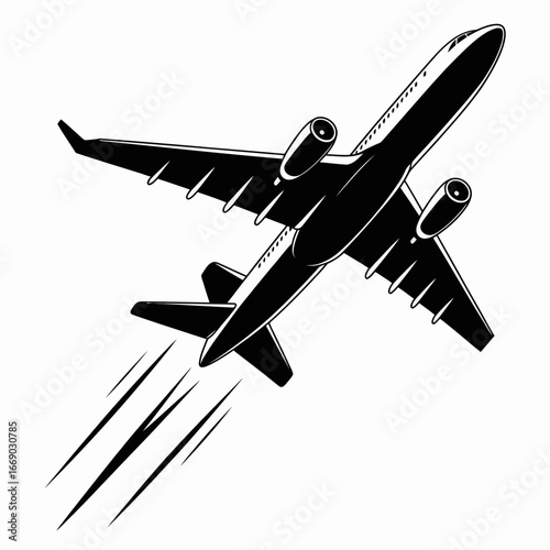 Vector art of silhouette of a jet airplane taking off with motion trails