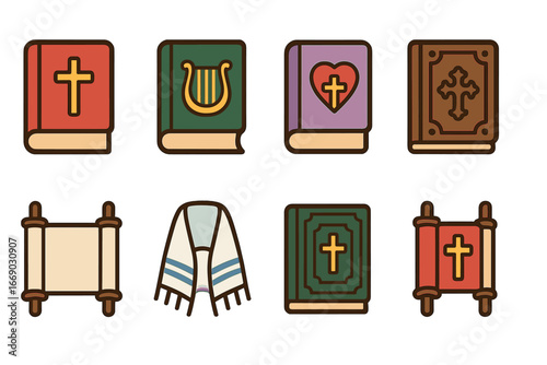 Religious Texts Icons. Flat vector mini-illustrations Religious texts in colors children's illustrations: bible, psalter, prayer