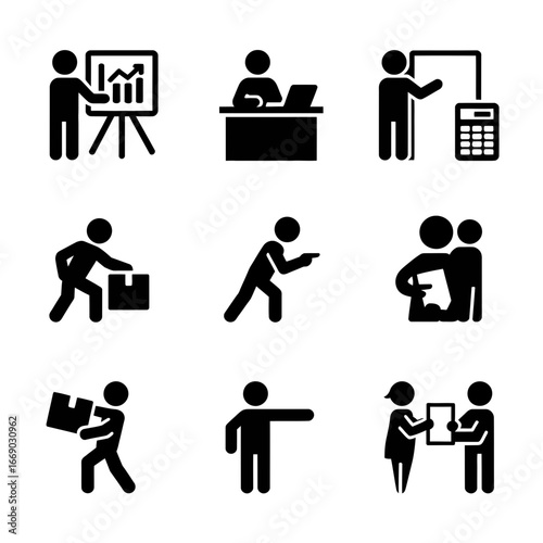 Vector art of stick figure pictogram icons showing a businessman working in the office