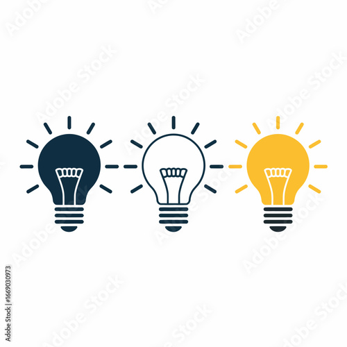 Vector art of three light bulbs representing the evolution of an idea