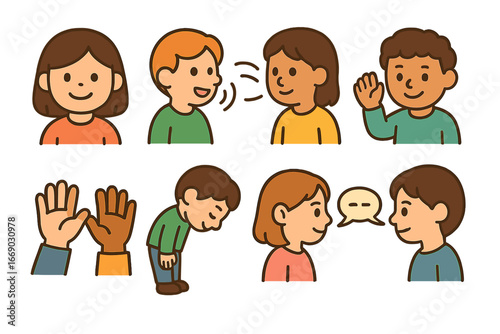 Respectful Communication Icons. Flat vector mini-illustrations Respectful communication in colors children's illustrations: