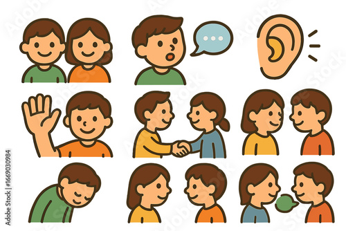 Respectful Communication Icons. Flat vector mini-illustrations Respectful communication in colors children's illustrations:
