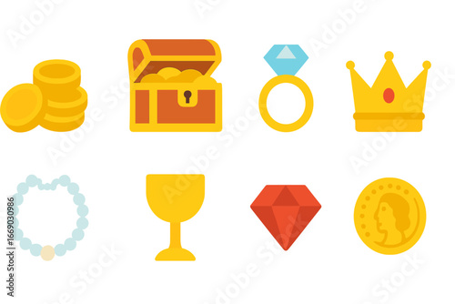 Rich Treasures Icons. Flat vector mini-illustrations rich treasures in colors children's illustrations: gold coins, treasure chest