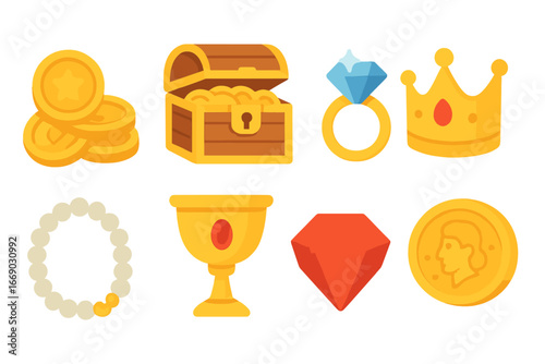 Rich Treasures Icons. Flat vector mini-illustrations rich treasures in colors children's illustrations: gold coins, treasure chest