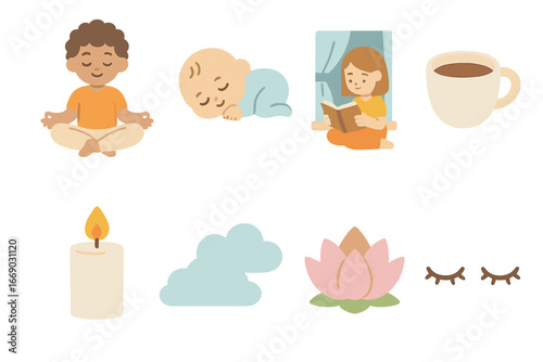 Serene Children's Icons. Flat vector mini-illustrations quiet moments in colors children's illustrations: meditation pose,