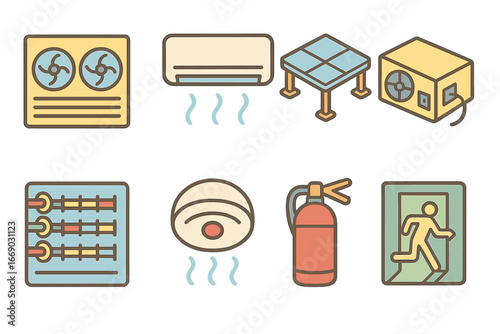 Server Room Icons. Flat vector mini-illustrations server room environment in colors children's illustrations: cooling vents, air