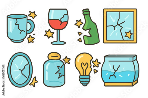 Shattering Glass Icons. Flat vector mini-illustrations glass objects breaking in colors children's illustrations: glass cup, wine