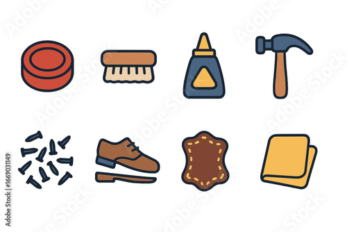 Shoe Repair Icons. Flat vector mini-illustrations shoe repair in colors children's illustrations: shoe polish, brush, glue, hammer