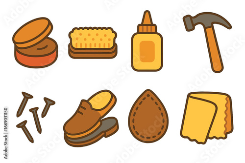 Shoe Repair Icons. Flat vector mini-illustrations shoe repair in colors children's illustrations: shoe polish, brush, glue, hammer