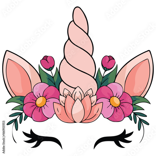 Unicorn headband blooming flowers wreath cartoon illustration isolated on white background