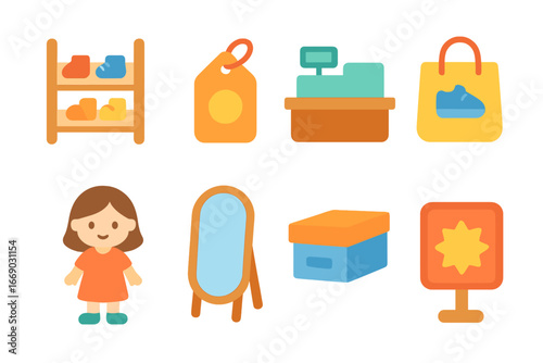 Shoe Store Icons. Flat vector mini-illustrations shoe store in colors children's illustrations: shoe rack, price tag, cashier