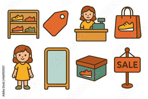 Shoe Store Icons. Flat vector mini-illustrations shoe store in colors children's illustrations: shoe rack, price tag, cashier