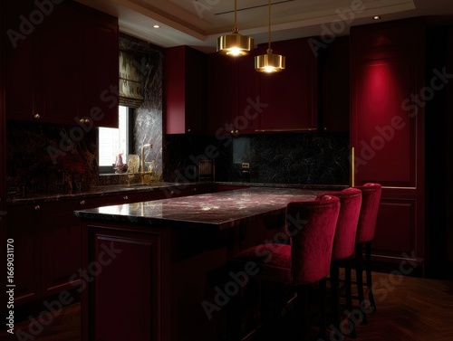 A rich, burgundy-toned kitc...