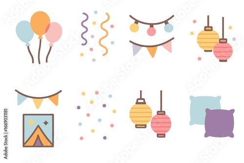 Sleepover Decorations Grid. Flat vector mini-illustrations sleepover decorations in colors children's illustrations: balloons,