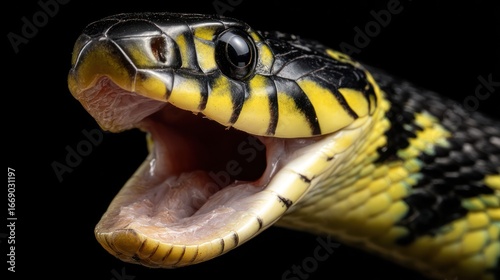 A close-up shot of a snake with its mouth open, displaying its teeth and yellow pattern