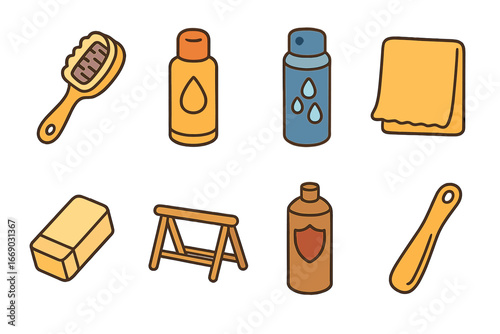Suede Care Tools. Flat vector mini-illustrations suede care in colors children's illustrations: suede brush, suede cleaner,