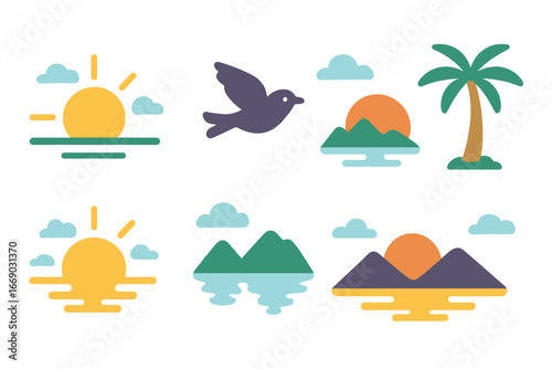 Sunrise Sunset Icons. Flat vector mini-illustrations sunrise and sunset in colors children's illustrations: rising sun, setting