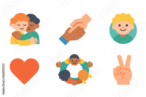 Supportive Symbols Grid. Flat vector mini-illustrations overdose support in colors children's illustrations: comforting hug,