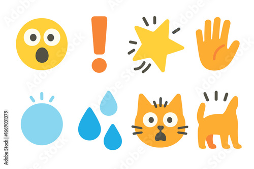 Surprised Icons Grid. Flat vector mini-illustrations shock and surprise in colors children's illustrations: wide eyes, open mouth,