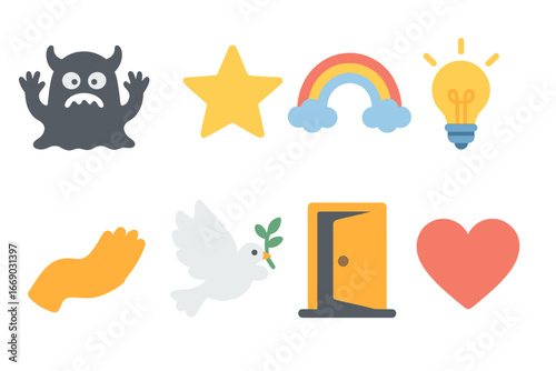 Symbols of Hope. Flat vector mini-illustrations nightmare and symbols of hope in colors children's illustrations: shining star,