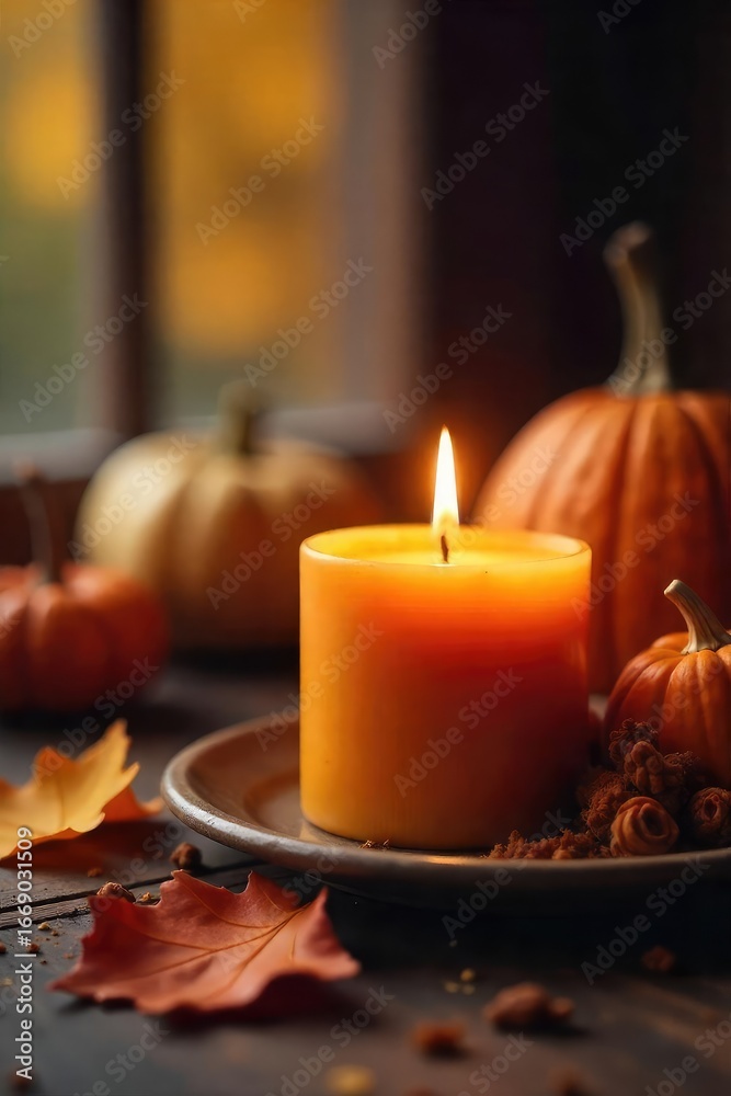 Obraz premium Cozy autumn scene featuring a burning candle with warm, spiced cider scent; perfect for fall d?cor and seasonal ambiance Enjoy the flickering light and inviting fragrance , leaves, fall